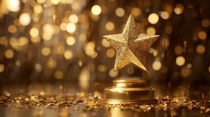 A close-up view presents a shimmering golden star trophy on a pedestal, surrounded by sparkling confetti and a bokeh effect background
