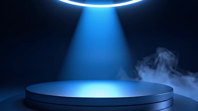 Futuristic neon blue spotlight illuminates an empty circular stage podium surrounded by dramatic lowlying smoke in a dark studio setting