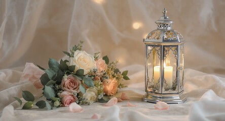 Vintage lantern with glowing candle and floral bouquet on soft fabric, romantic still life scene for wedding decor, elegance, warmth, timeless celebration

