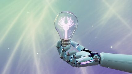 A glowing blue 3D glass light bulb symbolizes a creative idea and innovative technology solution, representing the bright spark of inspiration and electric power in a modern conceptual invention