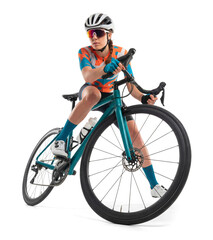 Obraz premium Portrait of Female Cyclist Riding Road Bicycle in Studio Shot