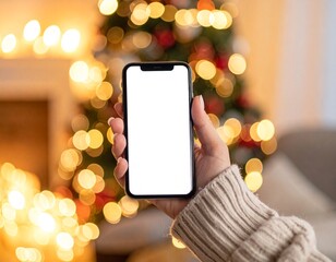 Heartwarming Holiday Tech: Smartphone Mockup with a Cozy Sweater and Festive Bokeh Background