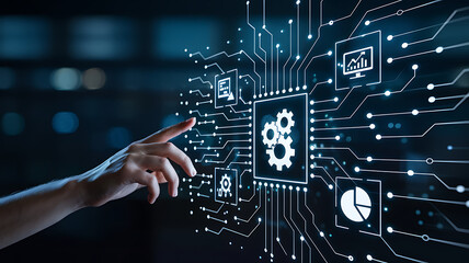 A hand pushes a touch screen interface button to activate a digital circuit board connection, symbolizing a futuristic technology concept of data communication and engineering design