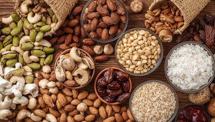 Naklejka premium Assortment of nuts and dried fruits in bowls on rustic wooden table, top view