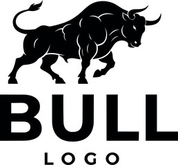 Powerful black bull silhouette logo with bold typography for sports team mascots fitness branding financial stock market strength and aggressive business identity concepts