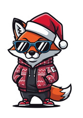 Cartoon fox character wearing sunglasses and christmas hat on white background