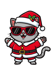 Cartoon cat in santa costume with sunglasses isolated on white