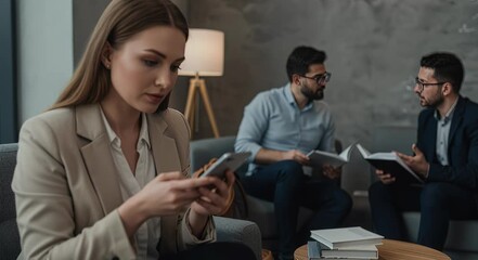 Woman using smartphone in modern interior with colleagues reading - Powered by Adobe