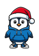 Cartoon penguin wearing santa hat and blue hoodie isolated on white