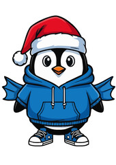 Cartoon penguin wearing a blue hoodie and santa hat isolated on white background