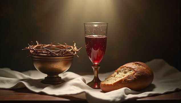 Easter symbols: crown of thorns, red wine glass, and bread on white cloth. Religious imagery with dramatic lighting.