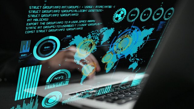 This image depicts a user interacting with a laptop screen showing a dynamic business data analytics interface, featuring global maps and statistical visualizations. Cipher - Powered by Adobe