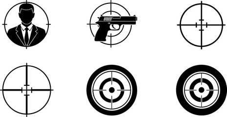 Set of black sniper target crosshair icons with gun and human silhouettes for shooting range training security tactical surveillance and military combat mission graphic elements © MdNazmul