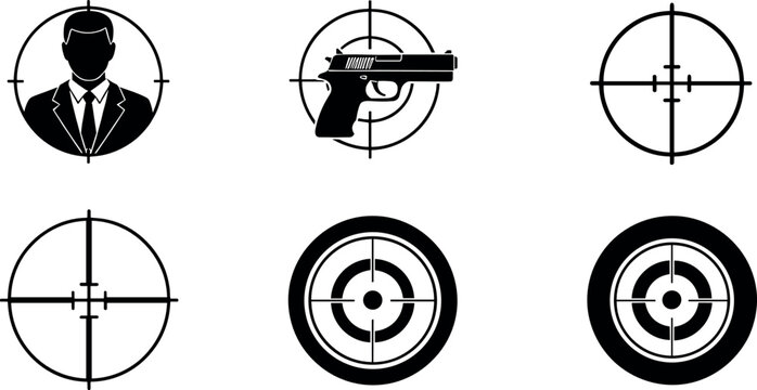 Set of black sniper target crosshair icons with gun and human silhouettes for shooting range training security tactical surveillance and military combat mission graphic elements