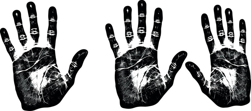 Set of black ink human handprint silhouettes for identity biometric security human rights community support stop violence protest and abstract creative art design elements
