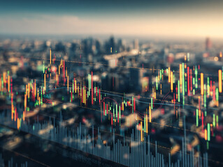 Modern financial charts with candlestick and bar graphs, city view