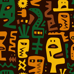 Abstract Tribal Masks Seamless Pattern with Ethnic Primitive Shapes