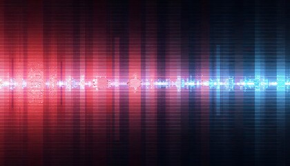 Abstract digital representation of a sound waveform or frequency spectrum with vibrant red and blue glitch effects symbolizing audio signal processing and data visualization
