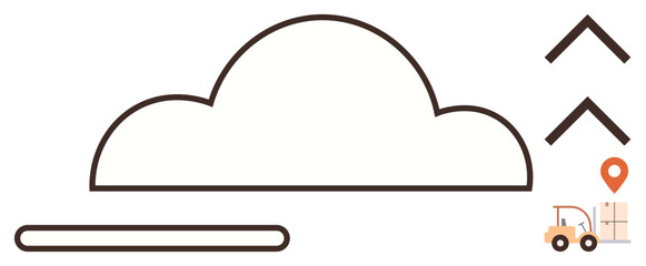 Cloud connected to arrows, a forklift moving cargo, and a location pin. Ideal for logistics, supply chain, cloud storage, transportation, delivery data integration warehouse management. Simple flat