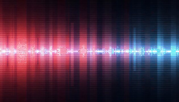Abstract digital representation of a sound waveform or frequency spectrum with vibrant red and blue glitch effects symbolizing audio signal processing and data visualization - Powered by Adobe