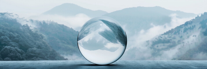 Glass sphere reflecting misty mountain landscape, minimalist cinematic scene with fog and soft light, abstract nature concept background