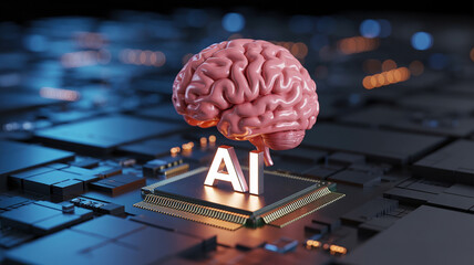 3D illustration of a pink brain resting on a microchip with glowing AI letters, symbolizing artificial intelligence and technology integration in modern computing systems