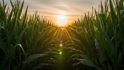 Golden hour in a lush cornfield, rural landscape with sunbeams and vibrant green foliage.