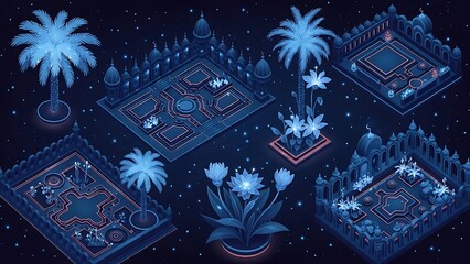 A dreamy, blue toned isometric cityscape with domes and palm trees under a starry night sky.