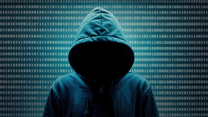 Mysterious figure in a dark hoodie stands against a backdrop of binary code, symbolizing the world of hacking, technology, and digital anonymity in a modern context