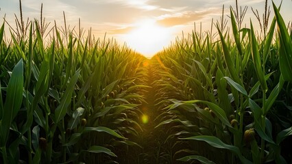 Lush green cornfield at sunset, rural agriculture scene, golden hour, idyllic farm landscape.