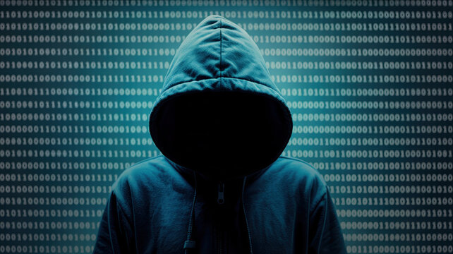 Mysterious figure in a dark hoodie stands against a backdrop of binary code, symbolizing the world of hacking, technology, and digital anonymity in a modern context - Powered by Adobe