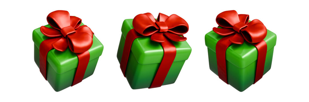 3D Illustration of lime green gift box with bright red ribbon stripe and bow in transparent background