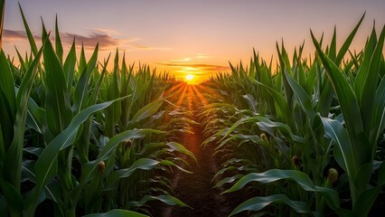 Golden hour in a vibrant cornfield with sun rays, rural agriculture and harvest season concept.