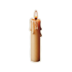 A lit candle stands upright with wax dripping down its sides against a plain white background viewed from the side