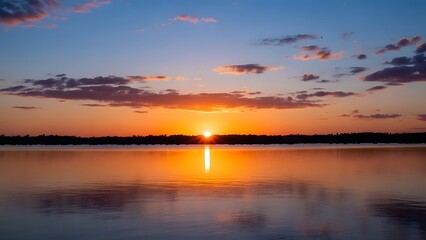 Sunset over calm lake with vibrant colors and reflection