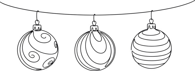 Continuous one line drawing of three Christmas bauble ornaments hanging on a string for minimalist holiday greeting cards modern winter festive decor and simple elegant seasonal graphic design