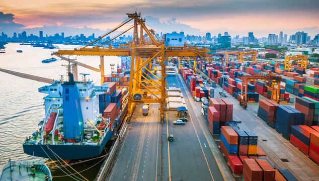Cargo ship loading and unloading at a busy commercial port at sunset - Powered by Adobe
