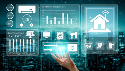 Innovative depiction of smart home technology featuring energy management, solar power metrics, and interactive displays for real-time performance monitoring in modern homes. Gantry