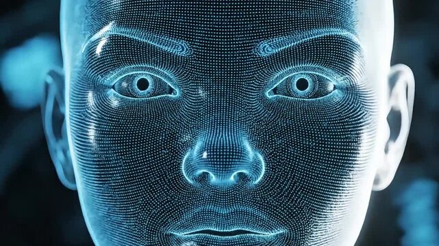 Close up of blue digital artificial intelligence face made of particles with slow zoom in camera movement