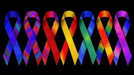 A collection of six colorful awareness ribbons, each displaying different patterns and hues, arranged against a stark black background