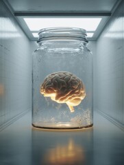 A glowing human brain suspended in a transparent glass jar filled with light