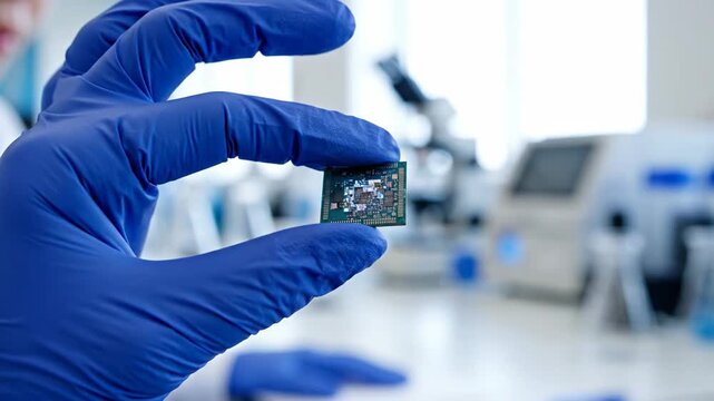 Scientist Hand in Blue Glove Holding Glass Microfluidic Chip to Light