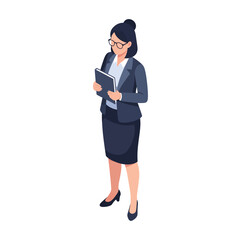 Isometric illustration of a professional businesswoman in a suit holding a document folder.