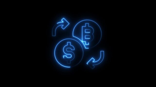 Glowing blue neon dollar and bitcoin symbols with circular arrows on black background representing cryptocurrency and finance concepts