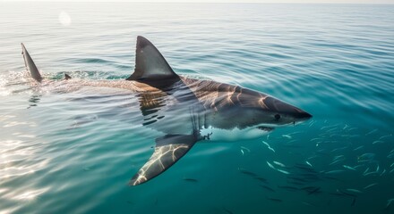 Great white shark swimming powerfully through deep blue ocean waters, showing its iconic body shape and sharp teeth. A top marine predator symbolizing strength and ocean wildlife.