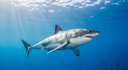 Naklejka premium Great white shark swimming powerfully through deep blue ocean waters, showing its iconic body shape and sharp teeth. A top marine predator symbolizing strength and ocean wildlife.