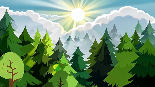 Animated forest landscape with sunlit pine trees.
