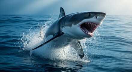 Great white shark swimming powerfully through deep blue ocean waters, showing its iconic body shape and sharp teeth. A top marine predator symbolizing strength and ocean wildlife.