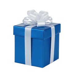 Obraz premium Blue gift box with white ribbon and bow isolated on transparent background