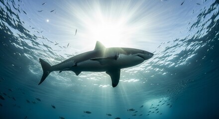 Great white shark swimming powerfully through deep blue ocean waters, showing its iconic body shape and sharp teeth. A top marine predator symbolizing strength and ocean wildlife.